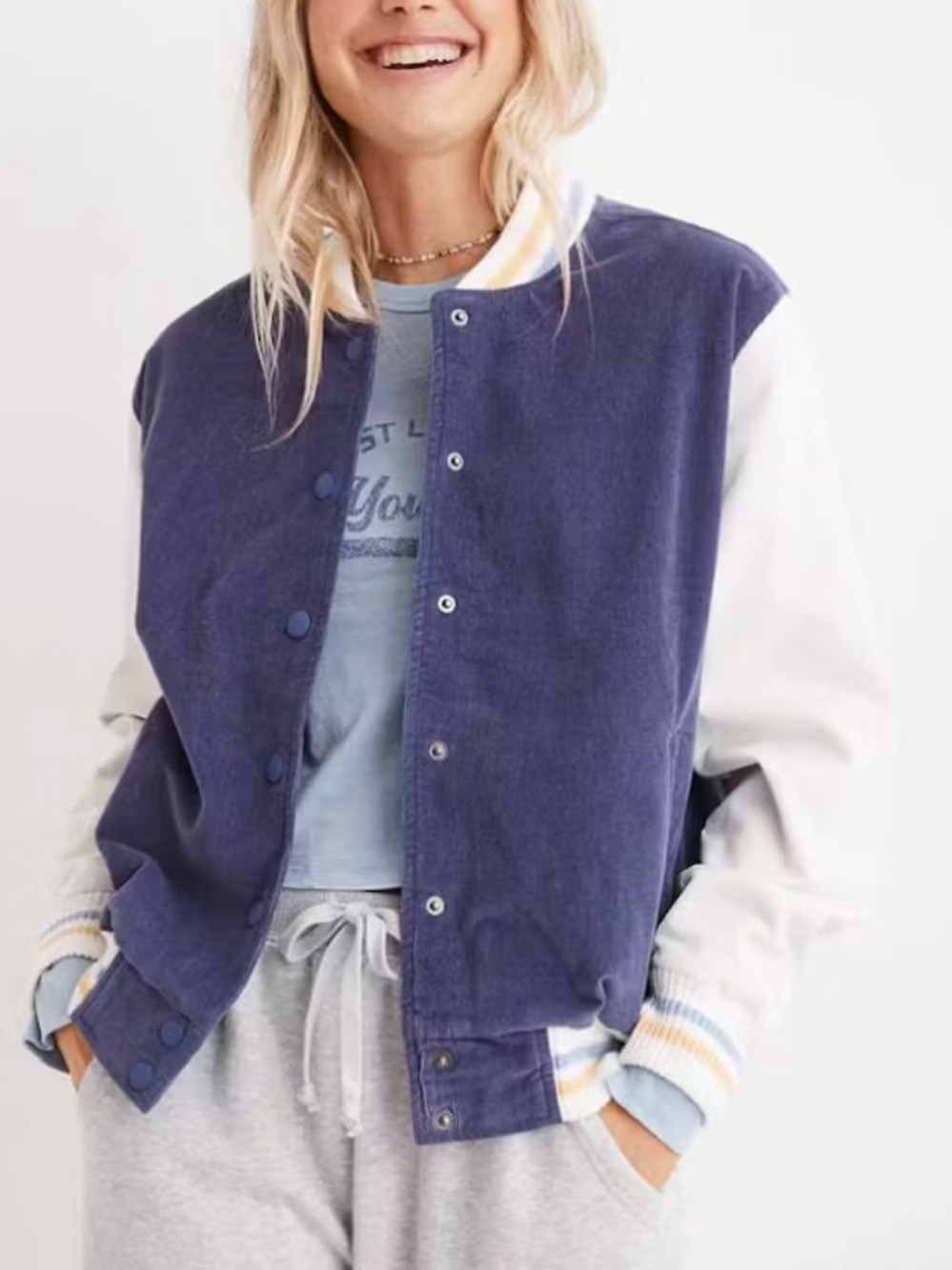 Aerie blue snap up varsity jacket